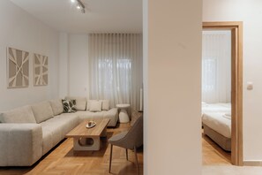 Deluxe Apartment, Kitchen | Living area | 50-inch TV with cable channels - Classy & Modern Apt in Pagrati - Athens (Athens)