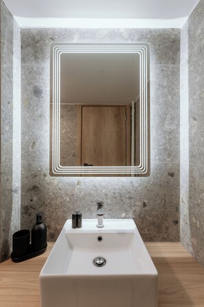Appartement Deluxe, cuisine | Salle de bain | Douche, articles de toilette (gratuits), séchoir à cheveux