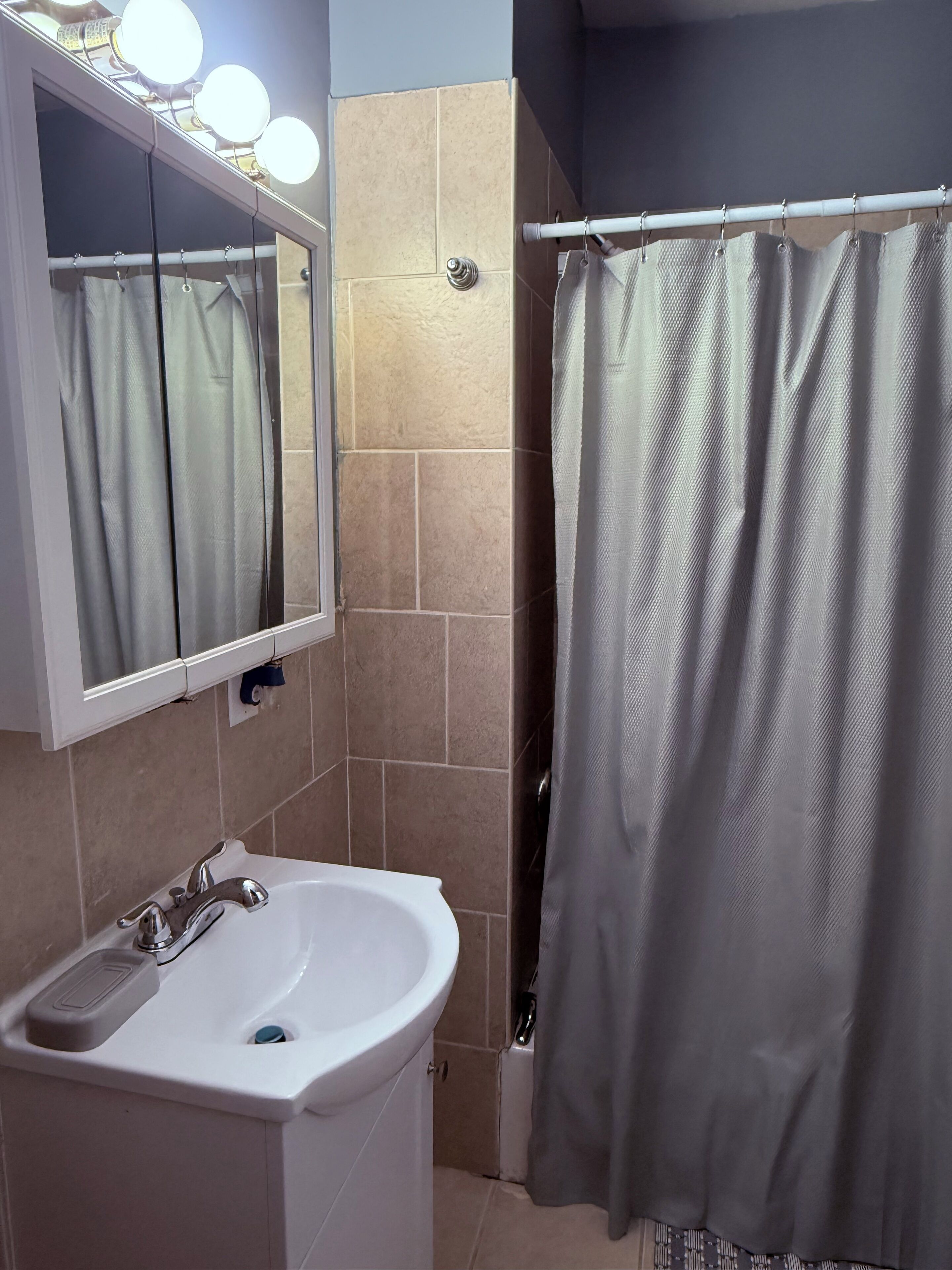 Hair dryer, towels, soap, toilet paper