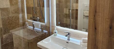 Shower, hair dryer, towels, soap