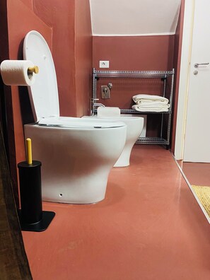 Shower, hair dryer, bidet, towels - Apartment via San Carlo 21, Pianoscarano, historic center of Viterbo (Viterbo)
