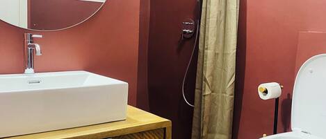 Shower, hair dryer, bidet, towels