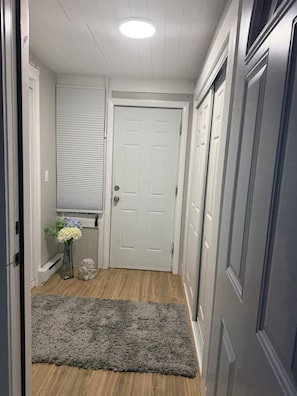 A narrow hallway with a white door, a gray rug, and a small statue on the floor.