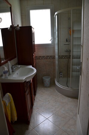Shower, hair dryer, soap, toilet paper
