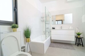 Chuveiro, secador de cabelo, toalhas de banho, shampoo