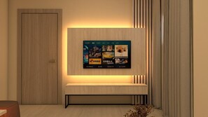 Een 55-inch lcd-televisie met satellietzenders en een printer