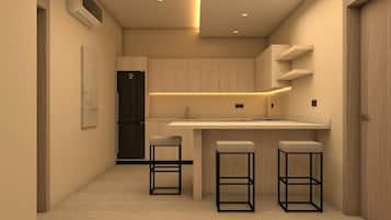 Mini-fridge, microwave, stovetop, electric kettle