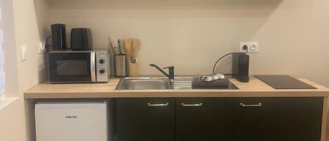 Fridge, microwave, stovetop, coffee/tea maker