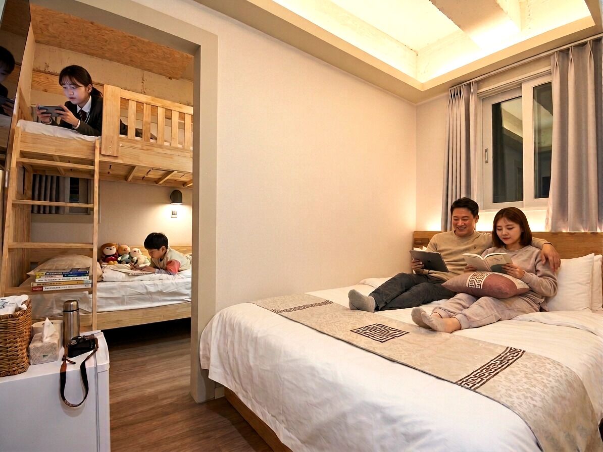 Signatur-værelse til 4 personer - boblebad - byudsigt | Individuelt design, gratis Wi-Fi, sengetøj