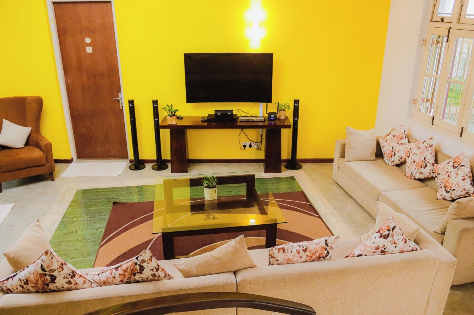 A living room with a sofa, a coffee table, a television, and a plant.