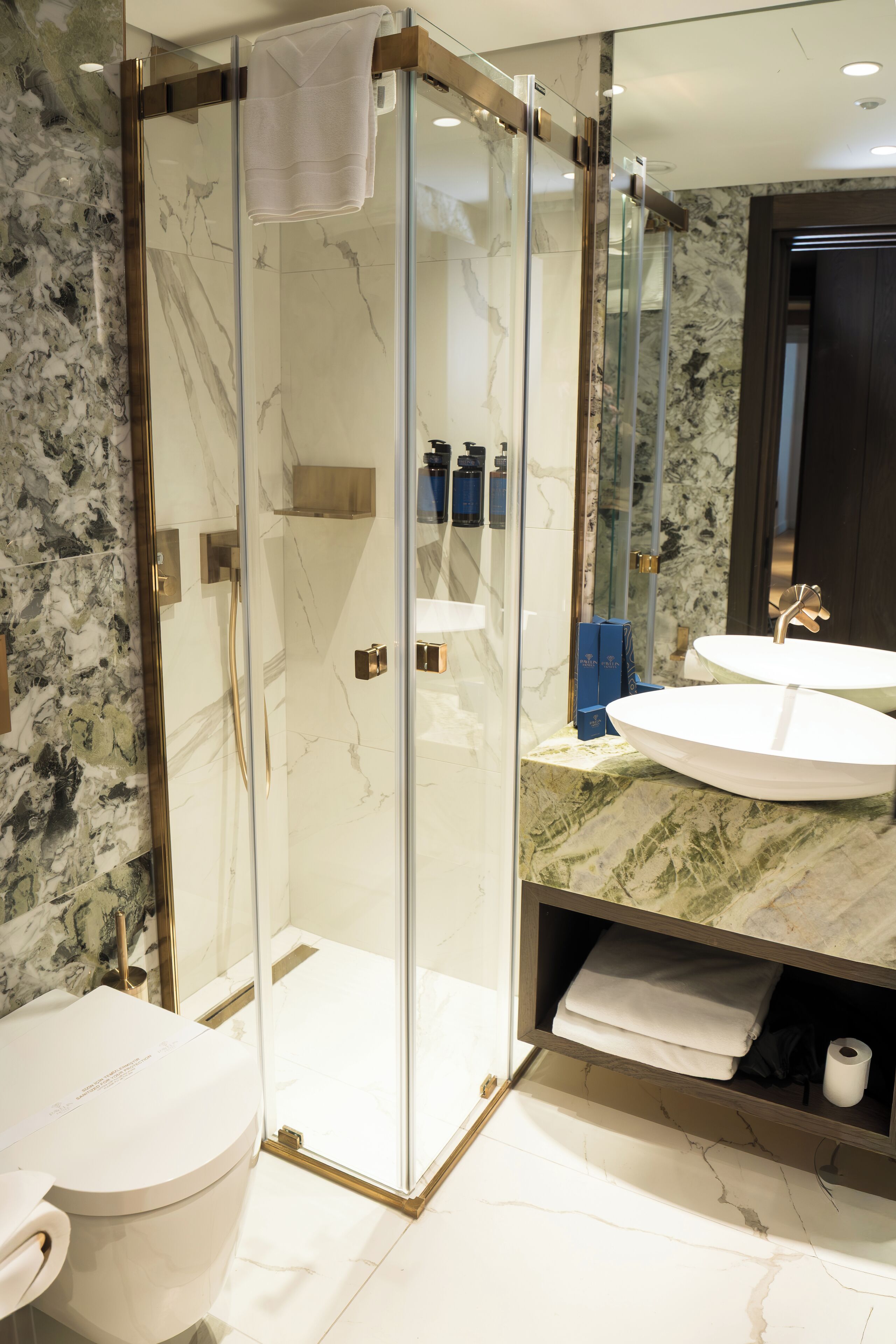 A modern bathroom with a glass-enclosed shower, a white toilet, and two sinks.