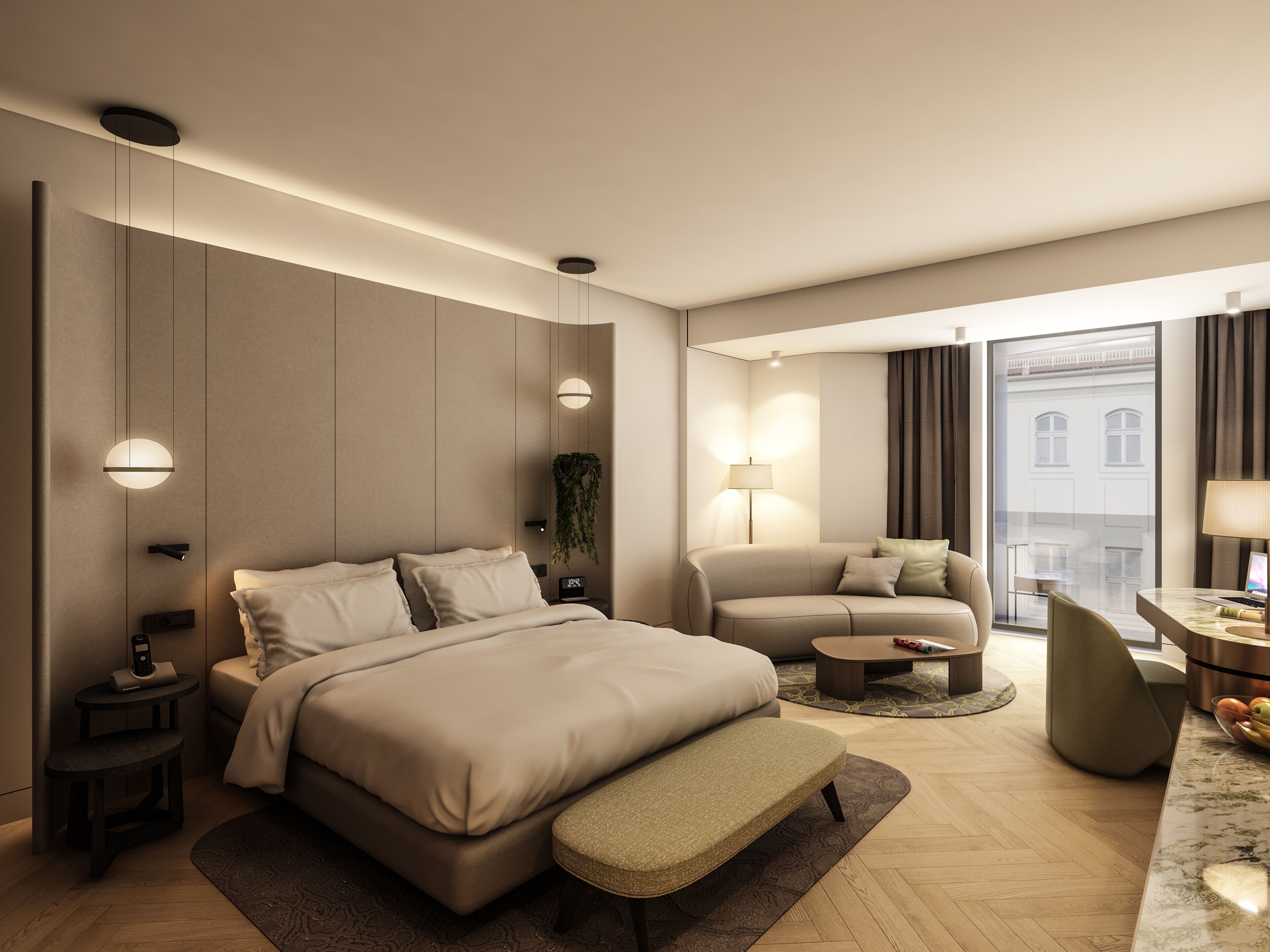 エジプト綿のシーツ、高級寝具、ミニバー、セーフティボックス (室内)