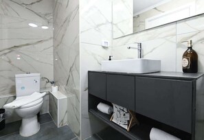 Douche, séchoir à cheveux, serviettes fournies, shampooing
