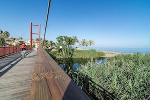 Un pont en bois offrant une vue sur la plage et les palmiers.