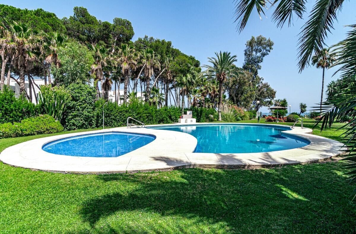 A swimming pool with a curved design, surrounded by well-maintained grass and palm trees.