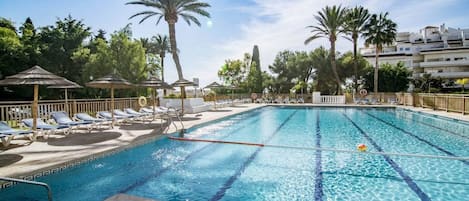 A swimming pool with sun loungers and palm trees.