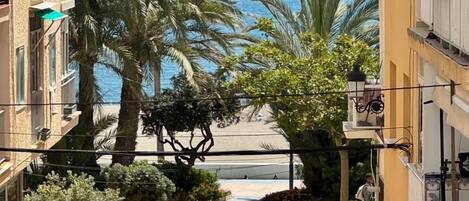 A residential building with a view of the sea, palm trees, and a paved pathway.