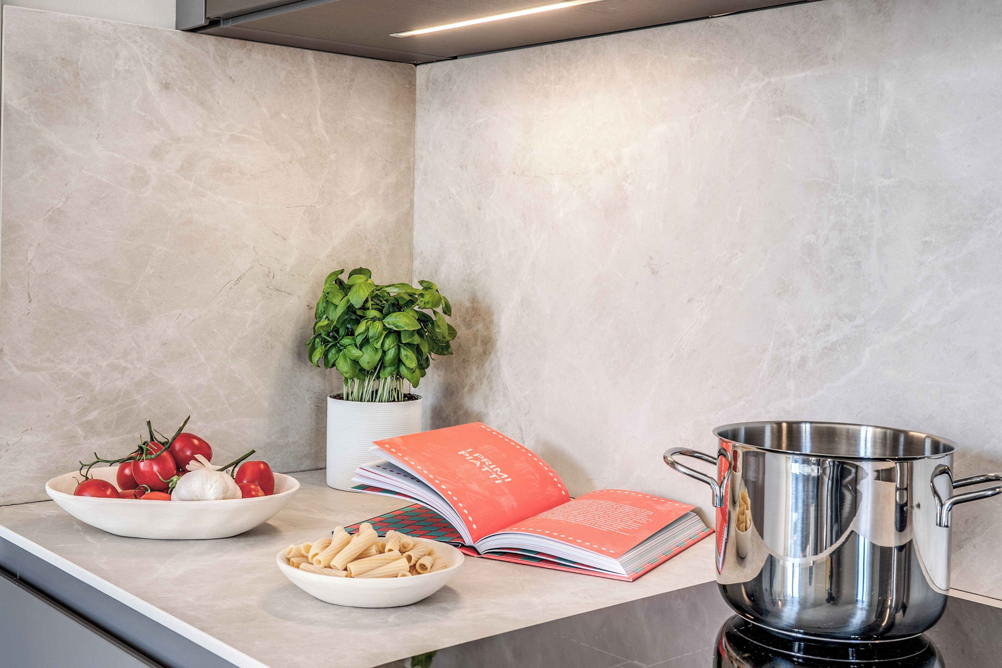 A kitchen counter with a bowl of tomatoes, garlic, pasta, a potted plant, a cookbook, and a pot on a stove.