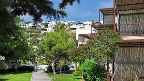 Un vialetto in pietra che attraversa un giardino rigoglioso con diverse piante e fiori. Si vedono edifici residenziali sullo sfondo e una persona che cammina lungo il sentiero.