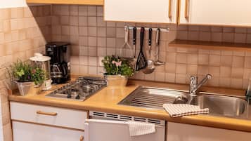 Kühlschrank, Mikrowelle, Herdplatte, Wasserkocher mit Kaffee-/Teezubehör