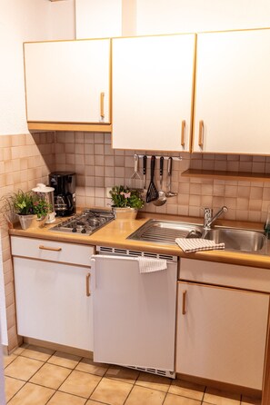 Kühlschrank, Mikrowelle, Herdplatte, Wasserkocher mit Kaffee-/Teezubehör