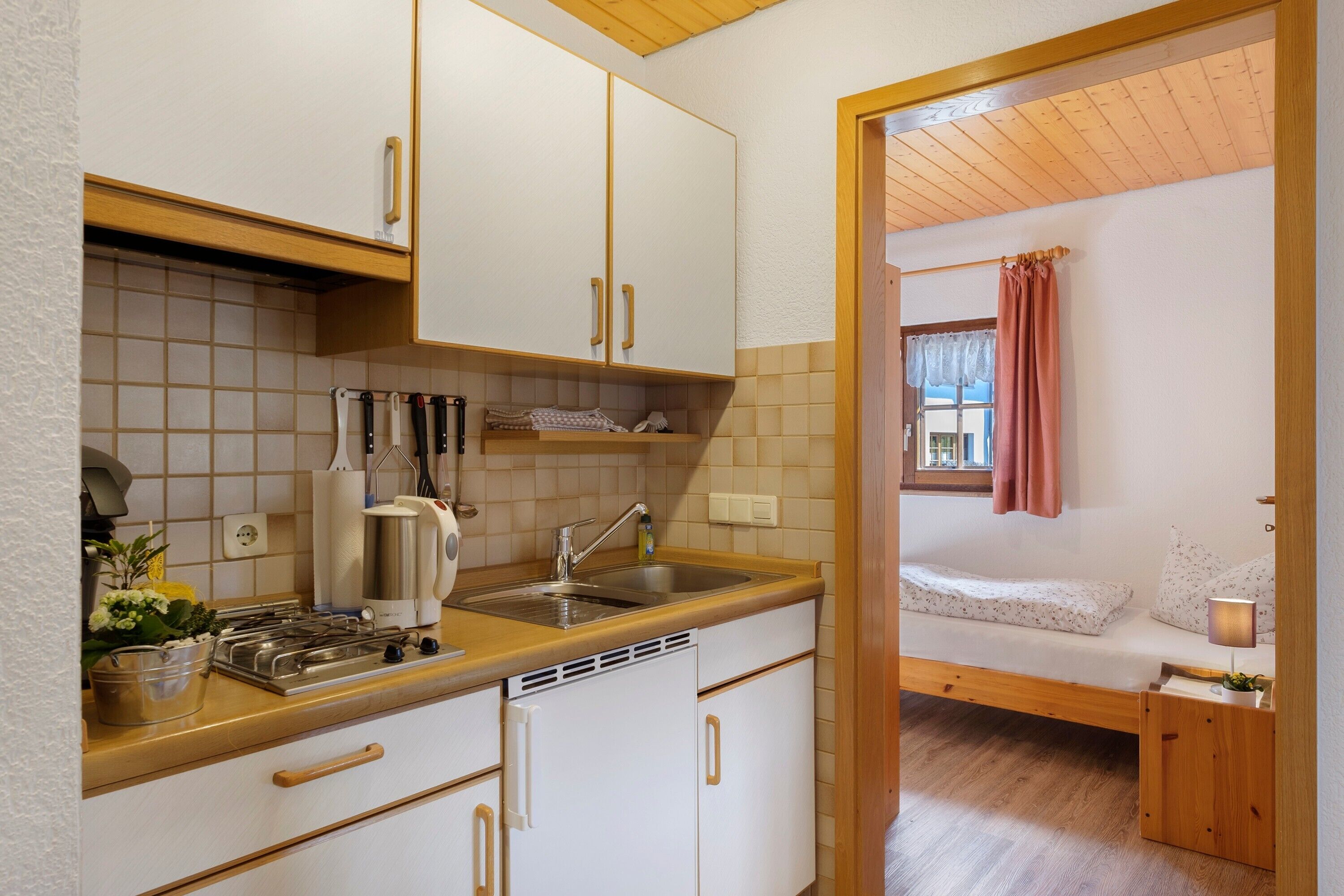 Fridge, microwave, stovetop, coffee/tea maker