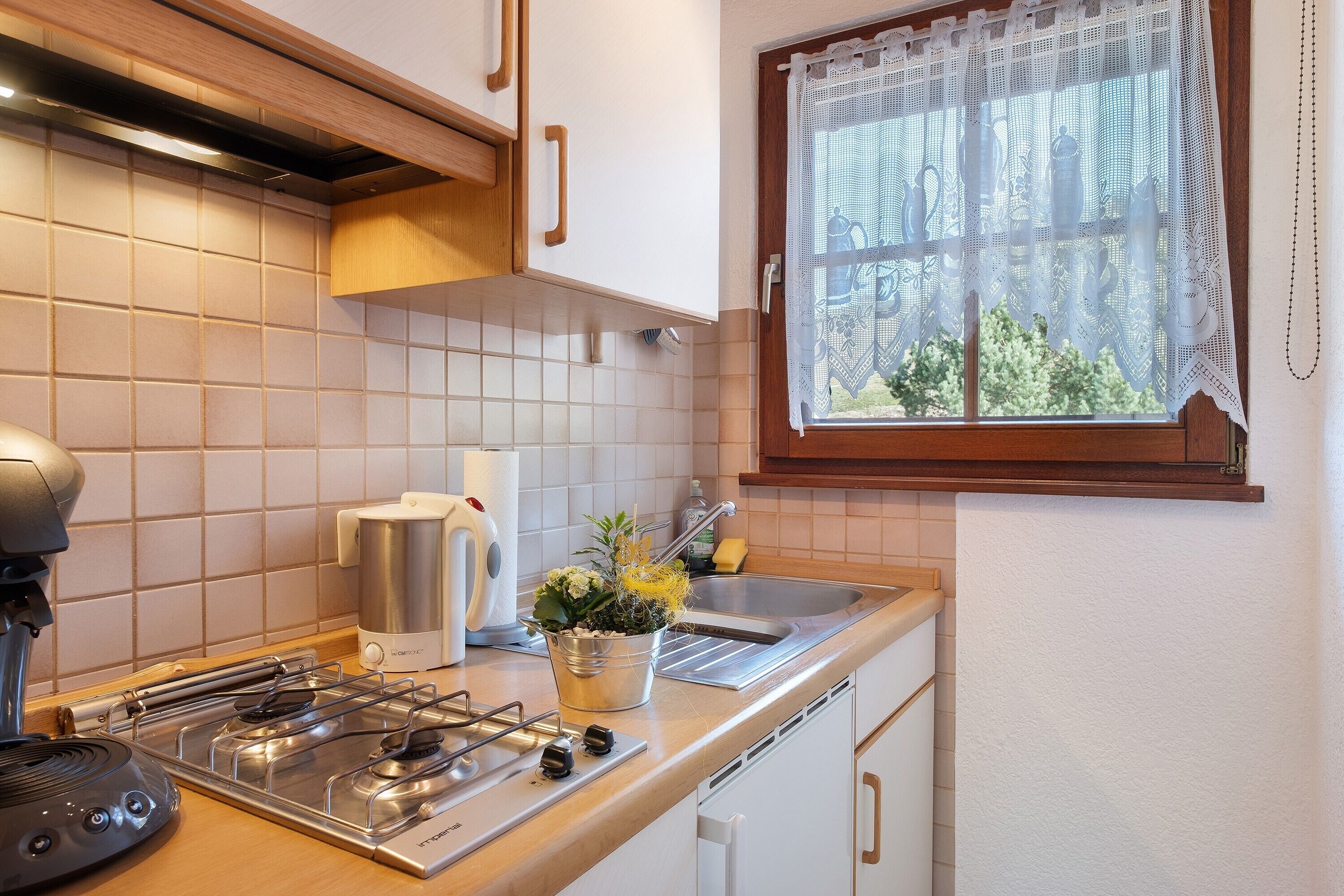 Kühlschrank, Mikrowelle, Herdplatte, Wasserkocher mit Kaffee-/Teezubehör