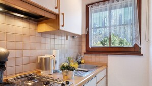 Een keuken met een gasfornuis, een waterkoker, een spoelbak en een raam met uitzicht op groen.