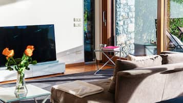 Apartment, Lake View | Living area | 30-inch TV with digital channels