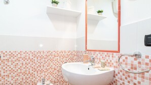 A bathroom with a large sink, a smaller sink, and a bidet. There are shelves with plants and a mirror above the sink. - Domo Mea Rooms- Camera 3 (CABRAS)