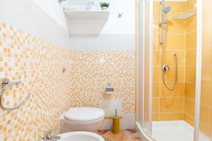 Shower, bidet, towels, shampoo