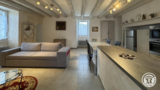 Un salon confortable avec un canapé, un coin repas avec une table et des chaises, une cuisine équipée et une grande fenêtre laissant entrer la lumière naturelle.