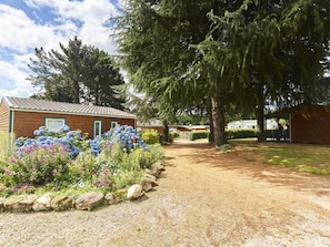 Un chemin de gravier mène à un chalet en bois, bordé d’un jardin où poussent des hortensias et d’autres fleurs.