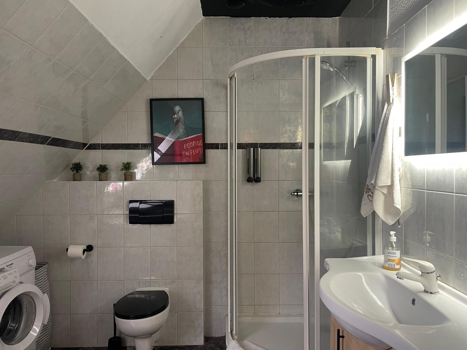 Secadora de cabello, toallas, jabón, papel de baño 