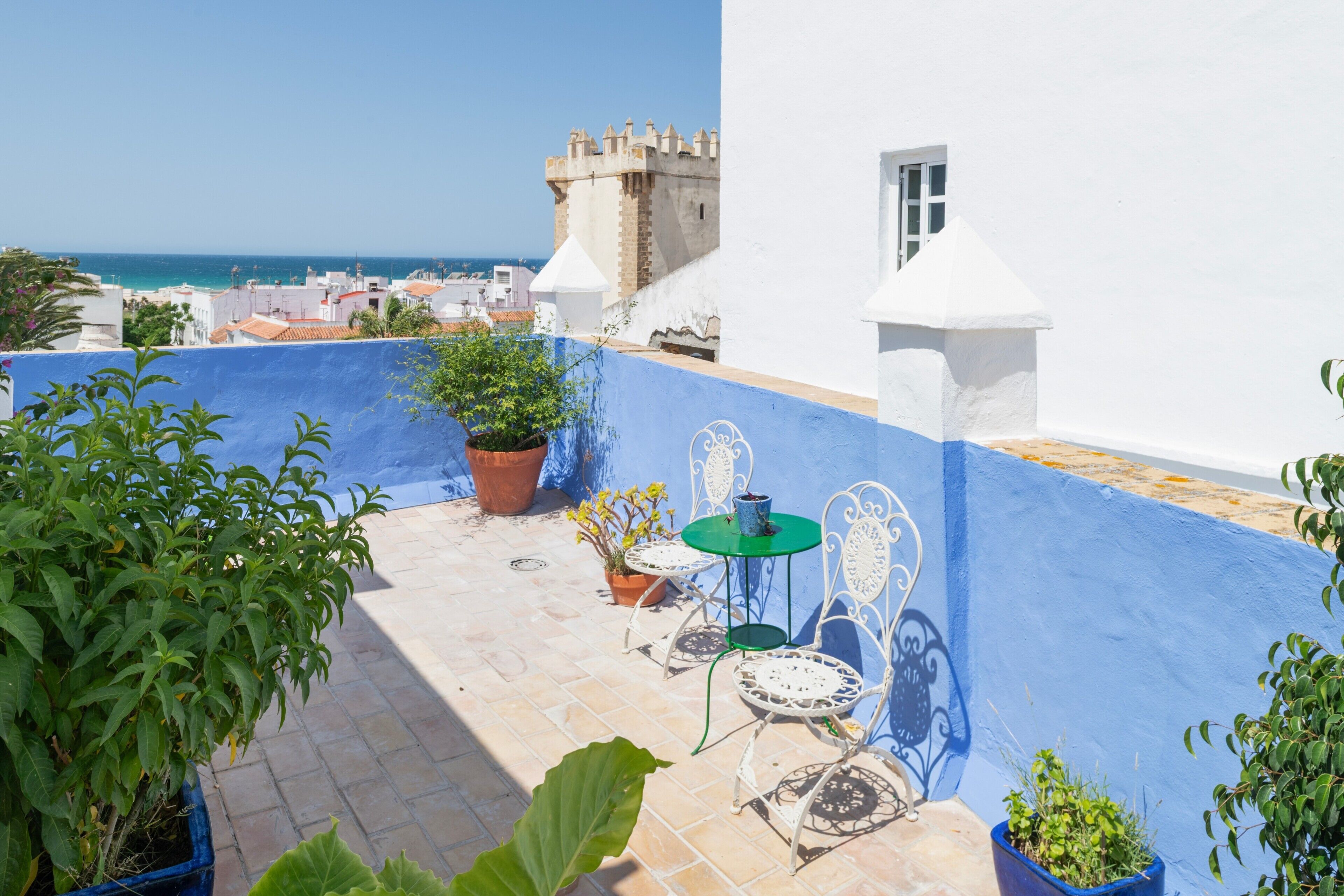 A rooftop terrace with a view of the sea, a castle in the background, and potted plants.