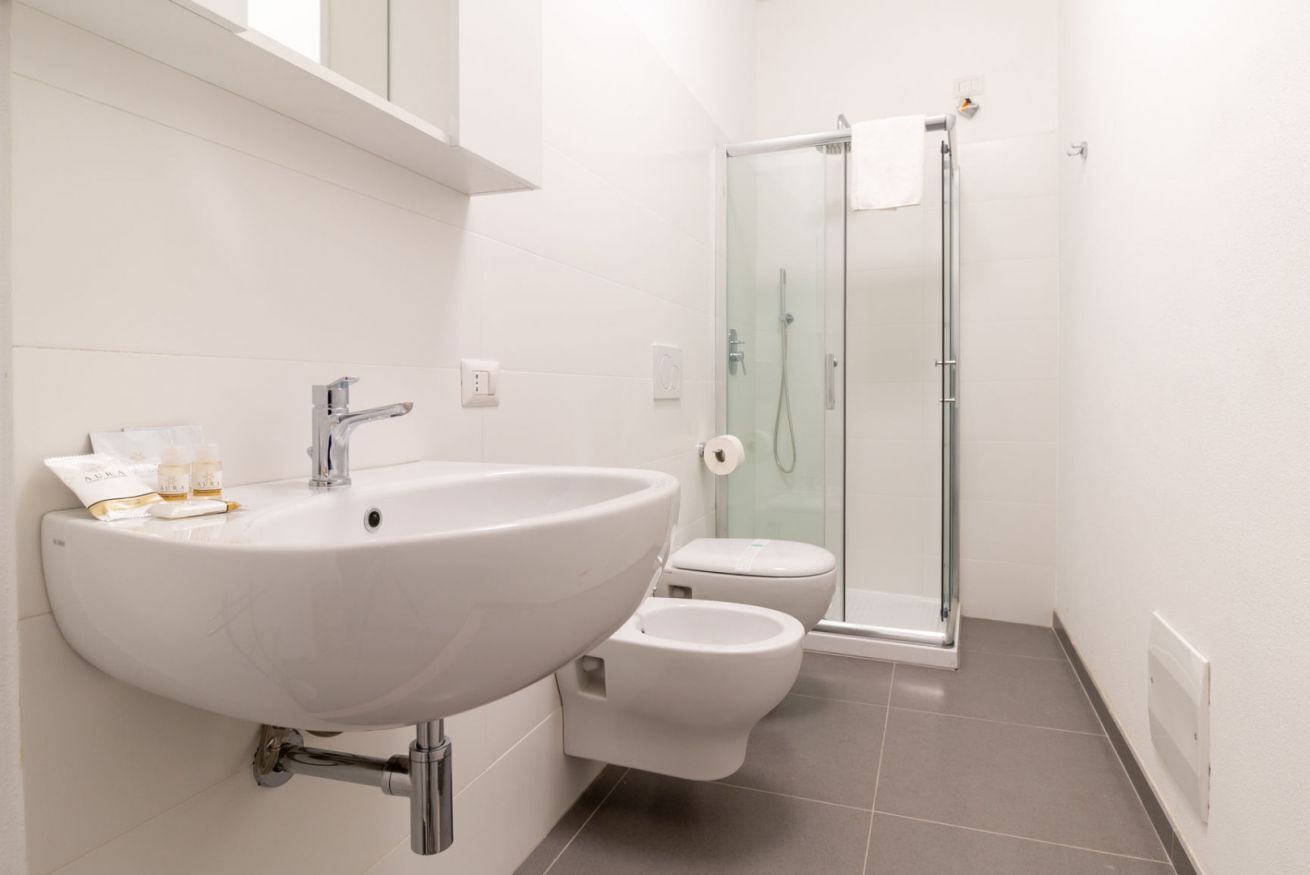 Shower, bidet, towels, shampoo