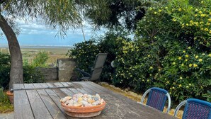 A wooden table with a bowl of seashells, blue chairs, and a view of the landscape. - La Casa Del Sole- Luxury home (San Giovanni di Sinis)
