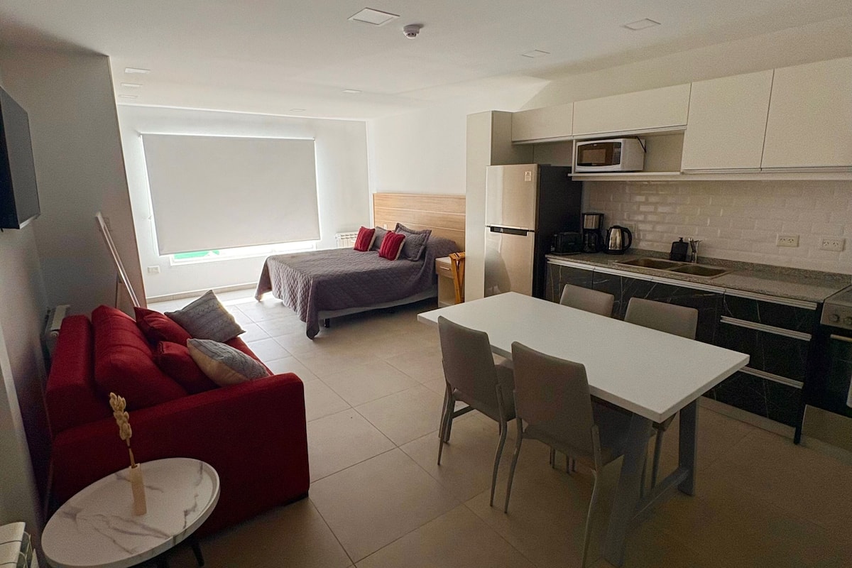 A modern apartment with a living area, a dining table, and a kitchenette.