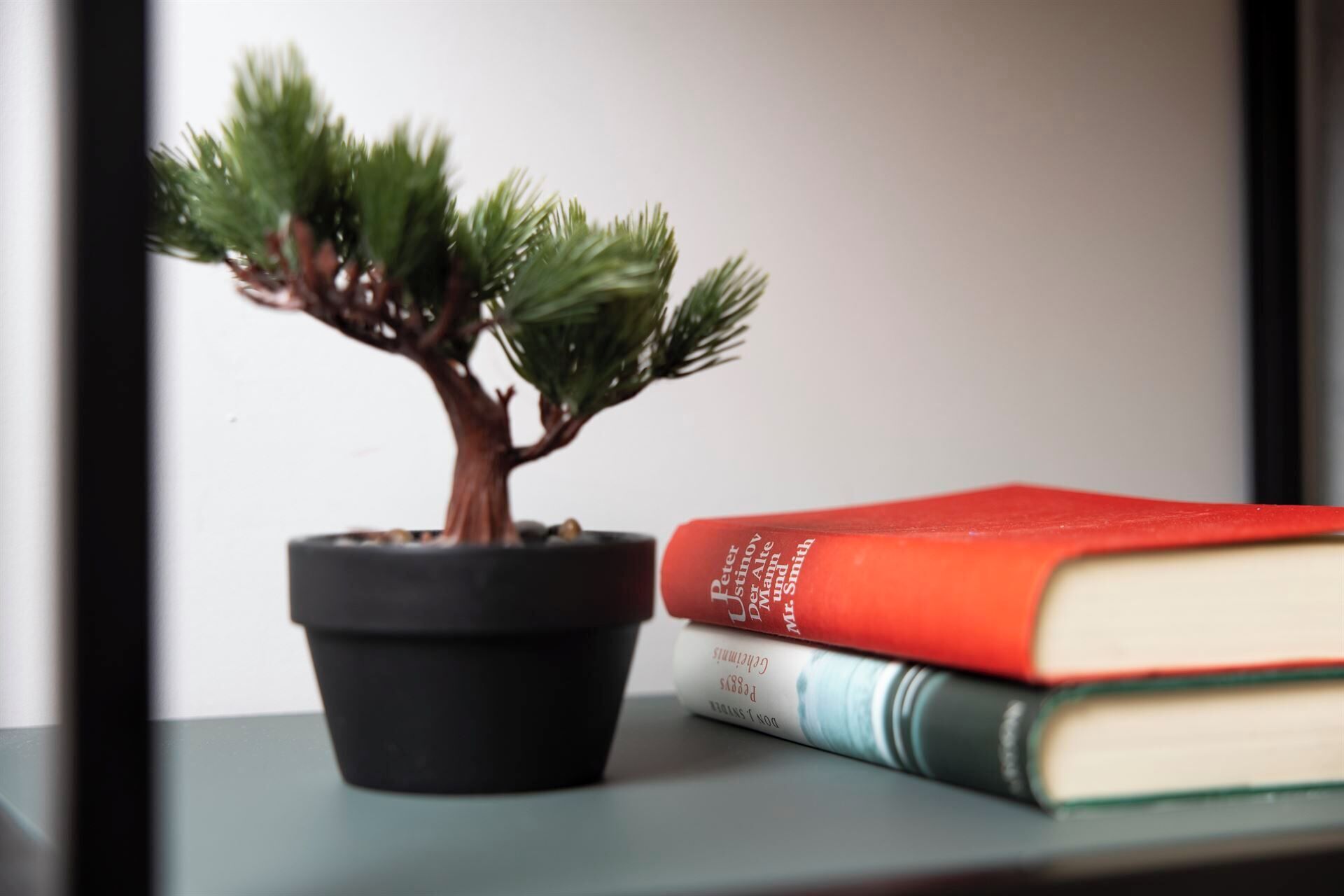A bonsai tree in a black pot on a shelf next to a stack of books.