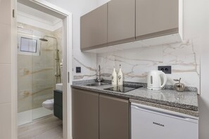 A modern kitchen with a built-in dishwasher, a marble backsplash, and a stainless steel kettle. - Villa Chiara Icici Studio Mascagni (Ičići)