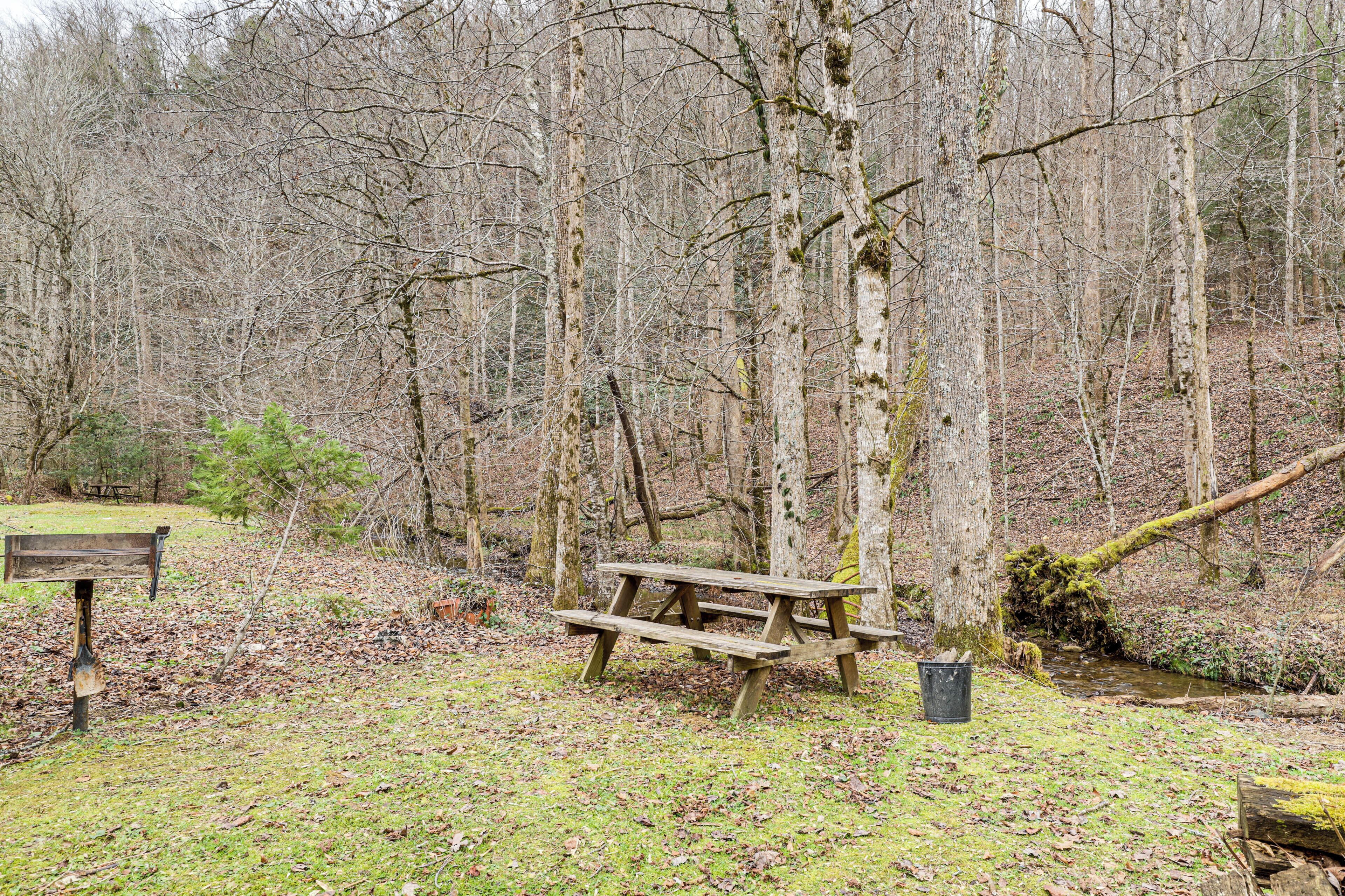 Una mesa de picnic en un área boscosa con un banco cerca.