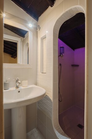 Dusche, Regendusche, umweltfreundliche Kosmetikartikel, Haartrockner