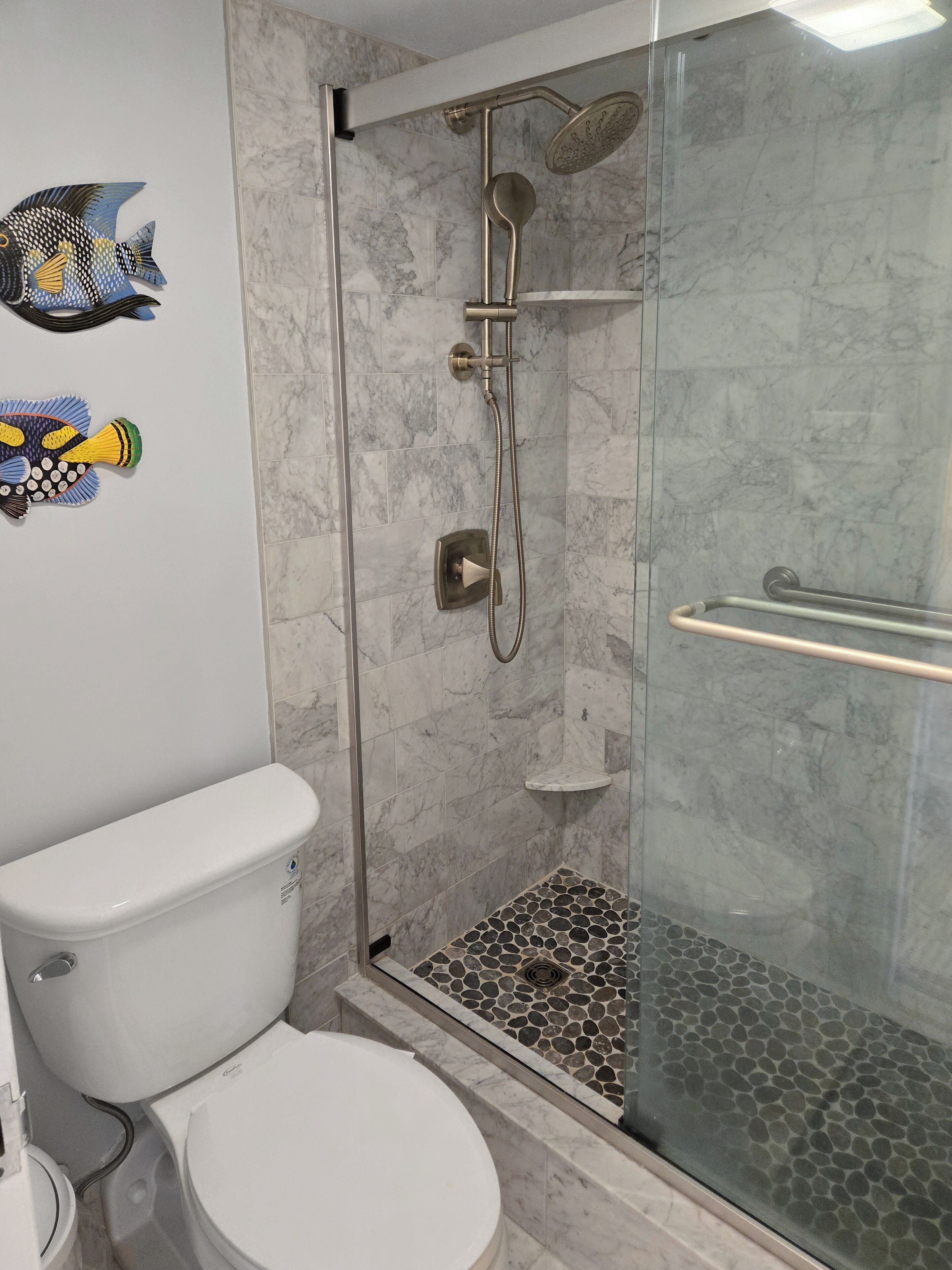 A bathroom with a glass-enclosed shower, a toilet, and decorative fish wall art.