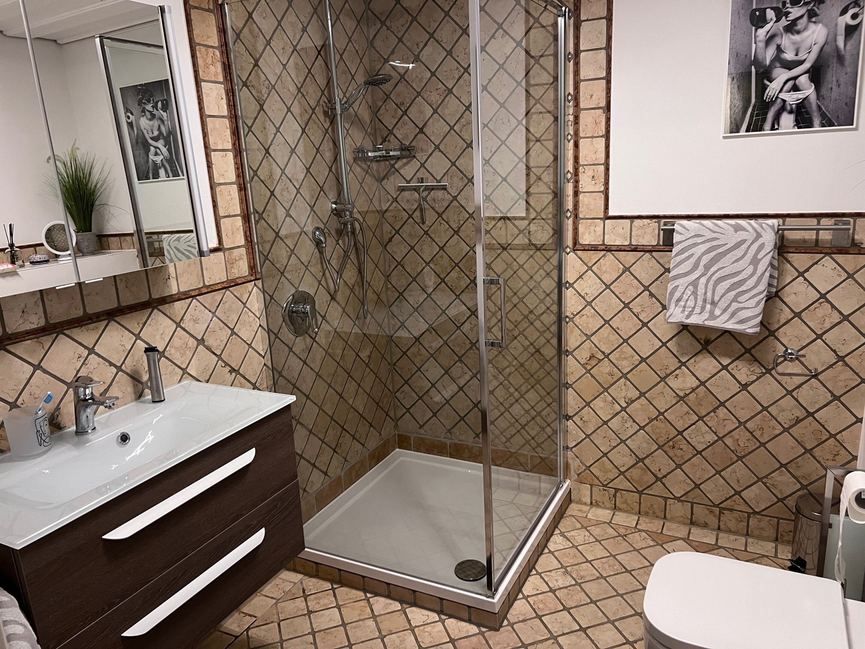 A bathroom with a glass-enclosed shower, a white sink, and a toilet.