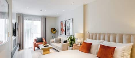 Desk, laptop workspace, blackout drapes, free WiFi