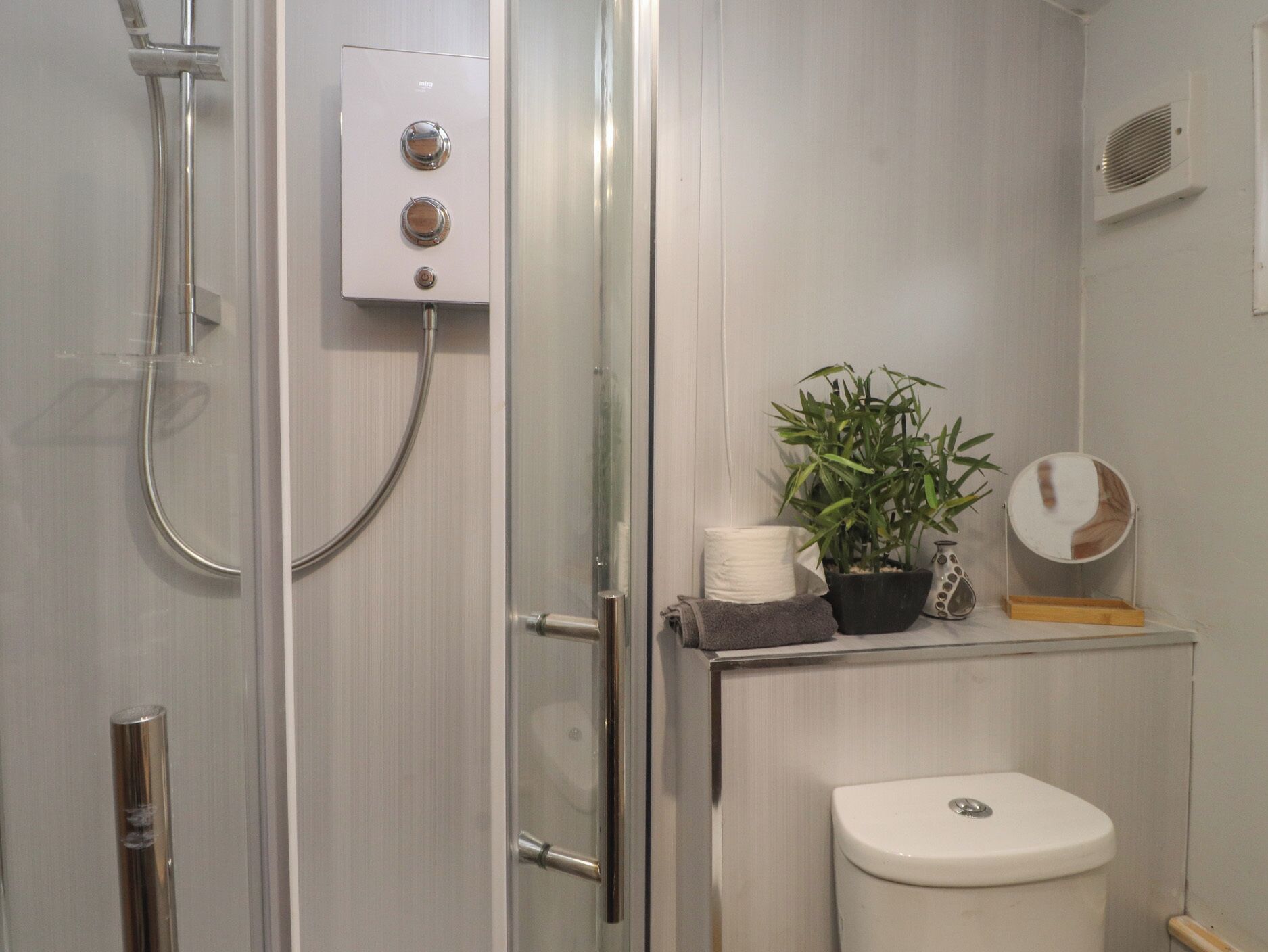 A modern bathroom with a glass shower enclosure, a toilet, a sink with a mirror, and a potted plant.