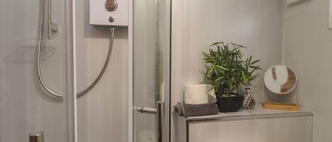 Un baño moderno con cabina de ducha de vidrio, inodoro, lavabo con espejo y una planta en maceta.
