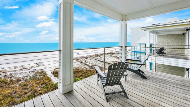 A wooden deck with a view of the beach and ocean. - Gulf-Front Duplex | Pet Friendly | Shared Pool (Gulf Shores)