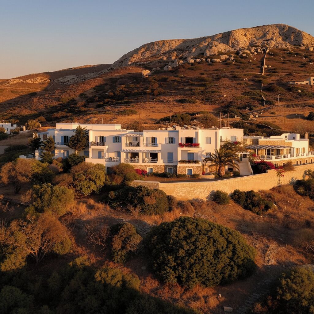Una zona residencial costera con edificios blancos modernos, una colina rocosa al fondo y vegetación escasa.