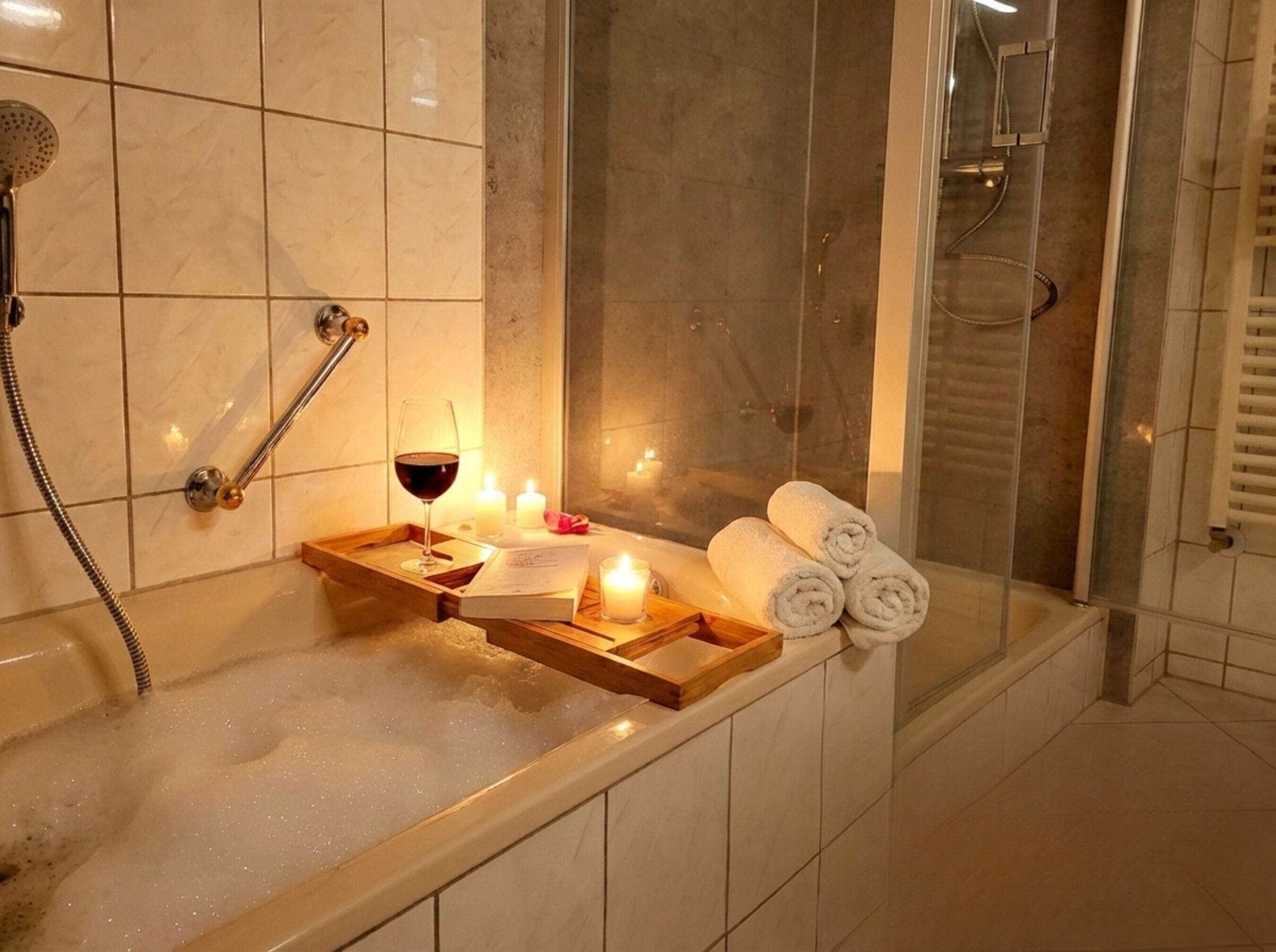 Dusche, kostenlose Toilettenartikel, Haartrockner, Handtücher